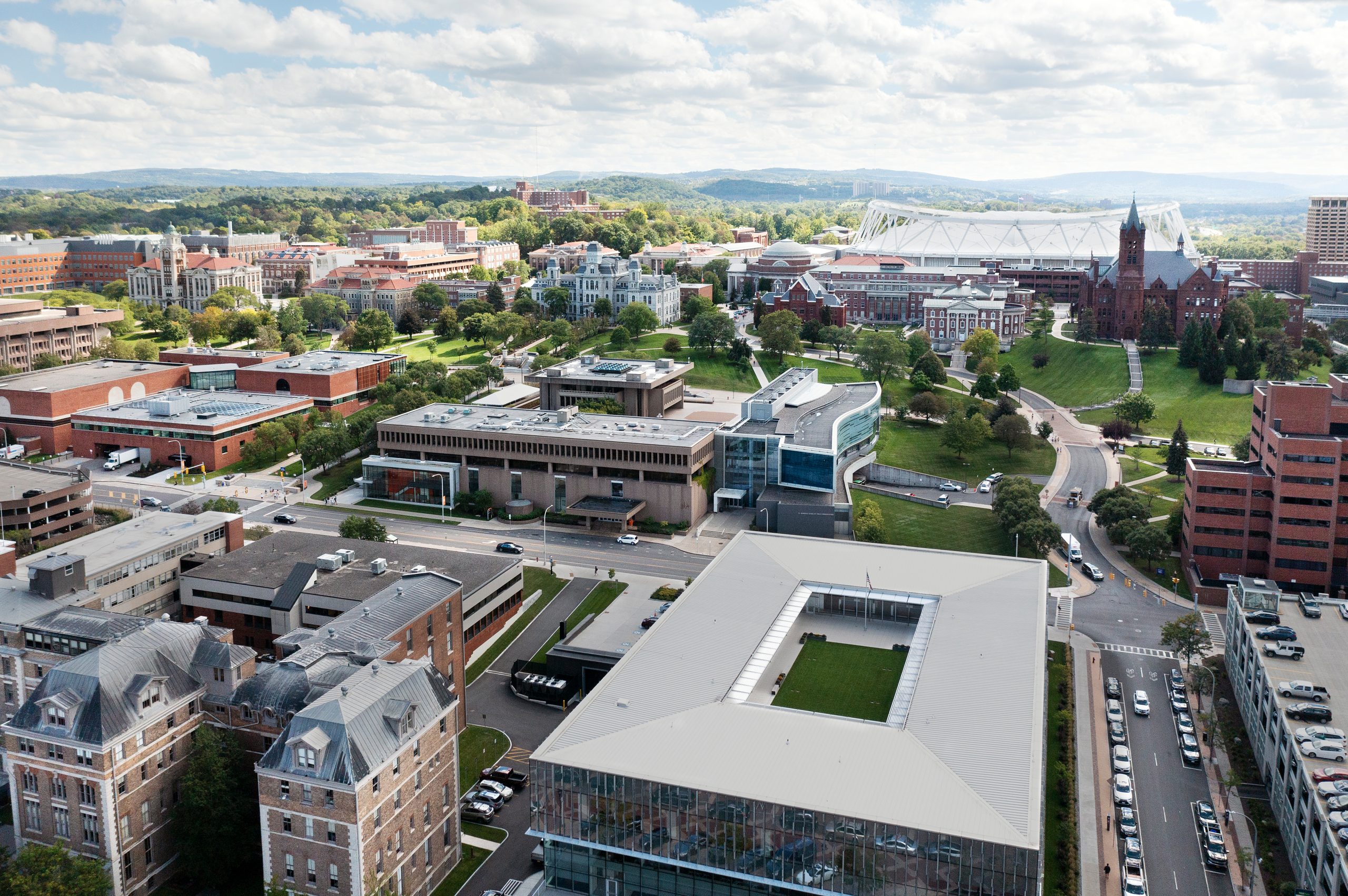 Aerial photo of campus taken by a drone.