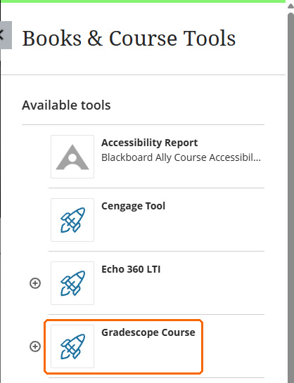 Blackboard Books and Course Tools panel with Gradescope Course highlighted