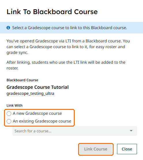Gradescope Link To Blackboard Course dialog with the course options and Link Course button highlighted