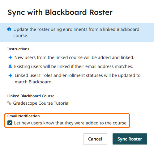Gradescope Sync with Blackboard Roster dialog with the email notification option highlighted