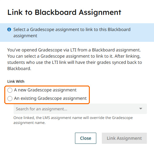 Gradescope Link to Blackboard Assignment dialog with the new and existing assignment options highlighted