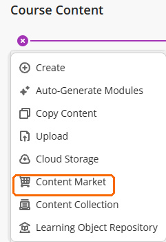 Blackboard Course Content add menu with Content Market highlighted